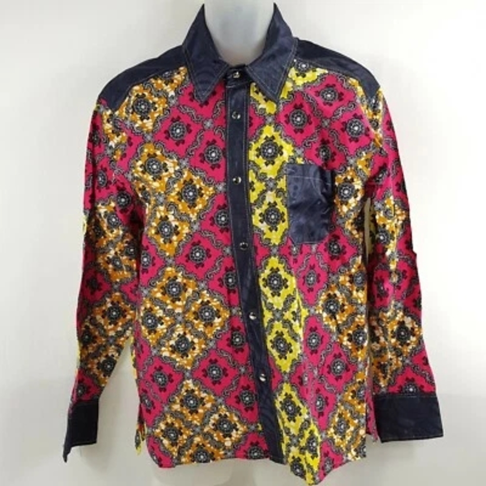 Western Rock Shirt Snap Up Long Sleeve Paisley Blue Red Rockabilly Mens Medium